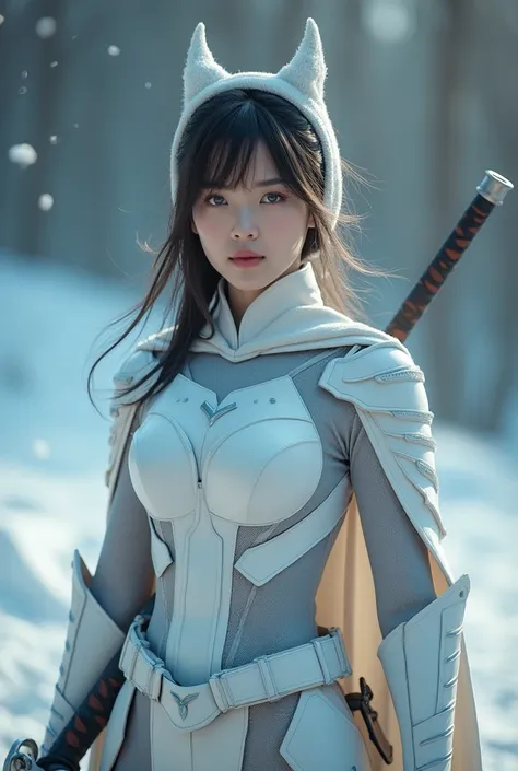 superhero, modern super hero costume, white bat costume, style like a blackbat suit, with a Chinese sword, Beautiful Chinese woman, 20 years old, Chinese woman with bang, with blue eyes, courageous character, Kind, Brave, determination, on the battlefield,...