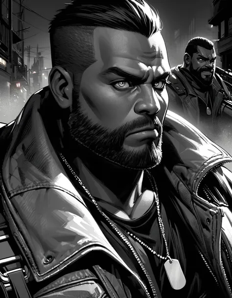 Ultra detailed, Highres, absurdres, HDR, barret wallace,  Final Fantasy VII Remake,1 man only, very detailed face and eyes, 　manga , monochrome , ff7r style, 1boy, male focus, dog tags, weapon, gloves, gun, jacket, dark-skinned male, dark skin, facial hair...