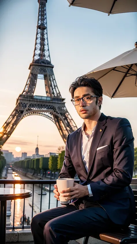 one example　
Man with glasses　Japanese　Set　Beardless Purple Suit　　
comics　wide awake　
In front of the Eiffel Tower,Sunset,Holding a colorful mug,Sitting at a cafe with parasol on the street,
