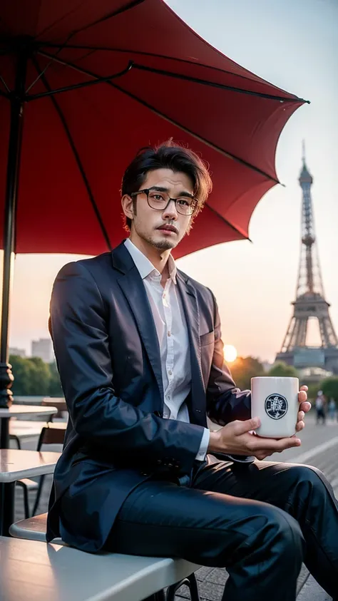 one example　
Man with glasses　Japanese　Set　Beardless Purple Suit　　
comics　wide awake　
In front of the Eiffel Tower,Sunset,Holding a colorful mug,Sitting at a cafe with parasol on the street,
