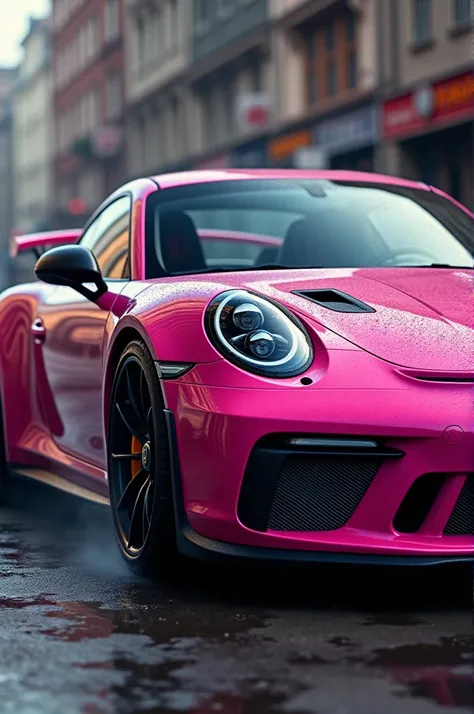 pink porche 991 car, detailed engine, realistic car, high quality, photorealistic, 8k, detailed interior, dynamic camera angle, dramatic lighting, reflective surface, urban background, in the city , dust particles, cinematic composition