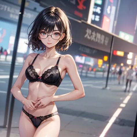 (((alone))), (A very cute 20 year old young woman from Japan), ((delicate hair black)), ((messy side wave short hair)), (((Slender and slender body type))), small breasts, glasses, lace lingerie, white bra, (((clean hands)))，(curly hair)，(((very kind smile...