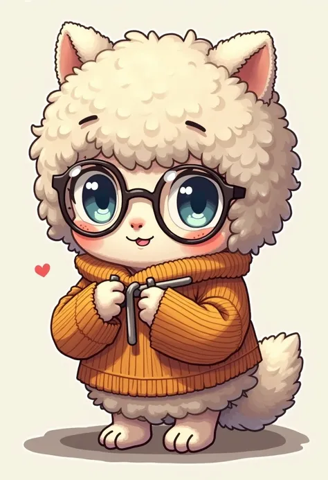 Character who is a ball of wool, just a ball of wool with glasses, transparent lenses, anime style cup head, a pixel species, sketch, knitting a sweater, ball of wool knitting a sweater