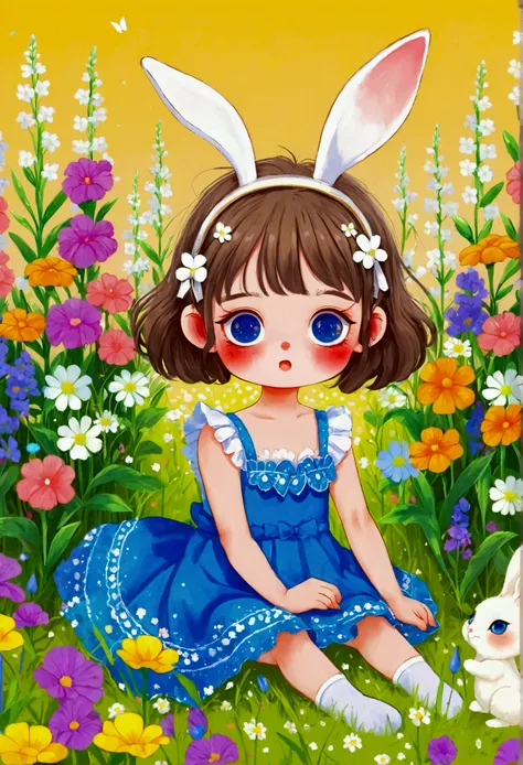 anime girl with bunny ears and blue dress sitting in a field of flowers, Big blue eyes。cute art style, original chibi bunny girl, cute detailed digital art, cute digital art, splash art anime loli, hand painted cartoon art style, bunny girl, cute artwork, ...