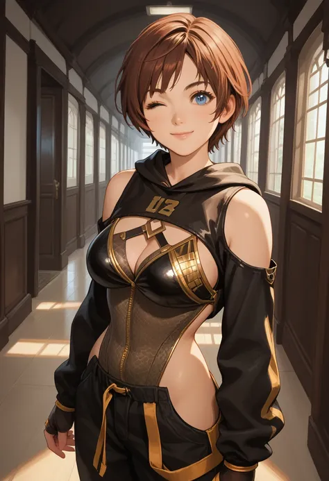 score_9, score_8_up, score_7_up, score_6_up, source_anime, 1girl, solo sblily, brown hair, short hair, blue eyes, leotard, cleavage, hood down, black sleeves, clothing cutout, bare shoulders, long sleeves, black pants, fingerless gloves, brown boots, wink,...