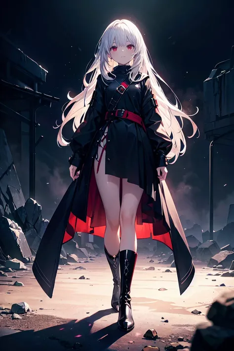 Girl with long white hair down to her waist, with small red details, red eyes, long black dress with a leg slit, with red details, long black boots up to below the knees, white skin, the ground around her is cracking and small stones are floating around he...