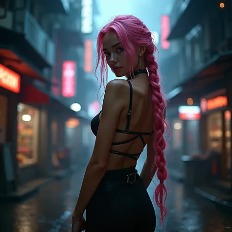 (Realisttic:1.2), analog photo style, Beautiful woman, posing, long pink hair braided, (cyberpunk dark fantasy atmosphere), soft natural light, cute and sexy, great quality, Masterpiece, detailed strange background, better performance, 16k quality, RAW pho...