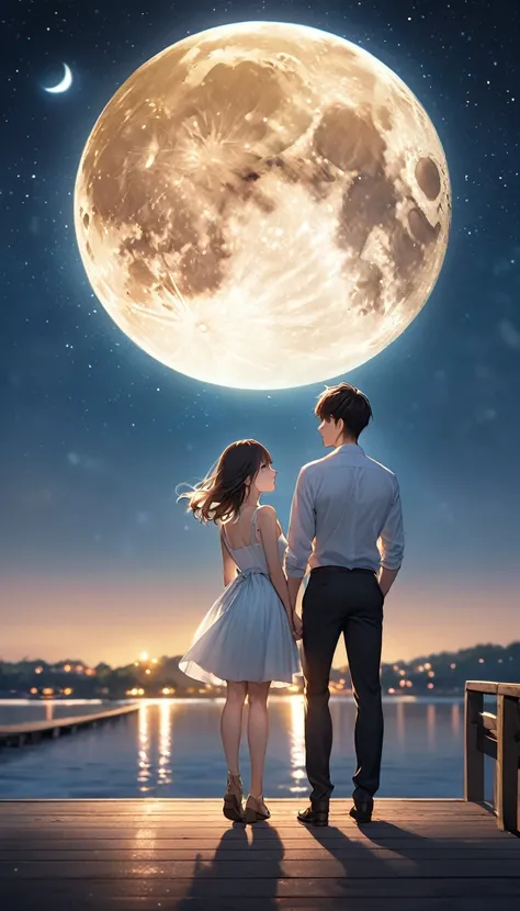 Clear blue night sky and bright yellow moon，A boy and a girl stood on the boardwalk by the river and confessed to each other under the moon.，surrounded by stars，perfect composition.best quality、High resolution、beautiful face and eyes、sharpest focus、Hyper-r...