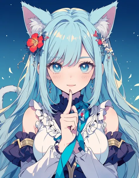 flame, blue flame, magic, smile, flower gerden, ((masterpiece, best quality:1.5)), ((Beautiful detailed cat aqua eyes:1.2)), cat ears, pale skin, medium breasts, beautiful hands, beautiful fingers, EasyNegative