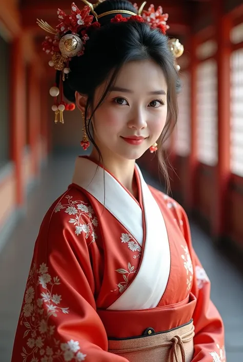 (Highest quality、Tabletop、8k、Best image quality)、(Beautiful Japanese Perfect Shrine Maiden:1.1)、(The perfect and most natural shrine maiden costume:1.3)、(Woman&#39;s upper body photo:1.1)、Look at me、The best smile、The background is a magnificent and luxuri...