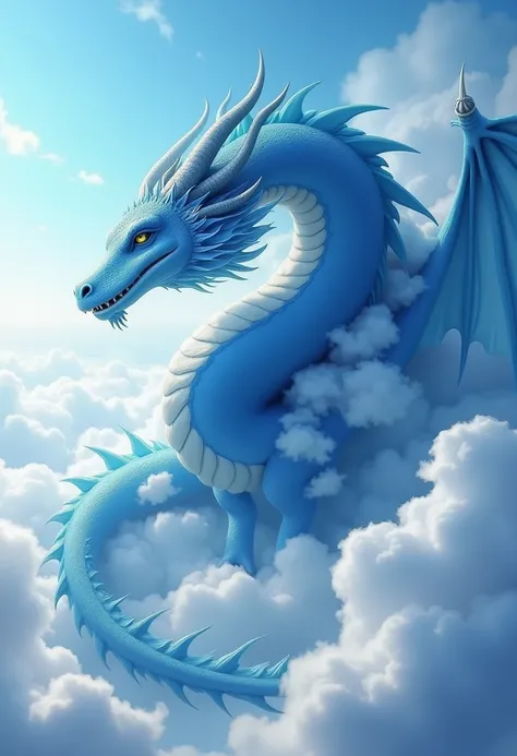 A beautiful and huge dragon, in blue color flying over the clouds