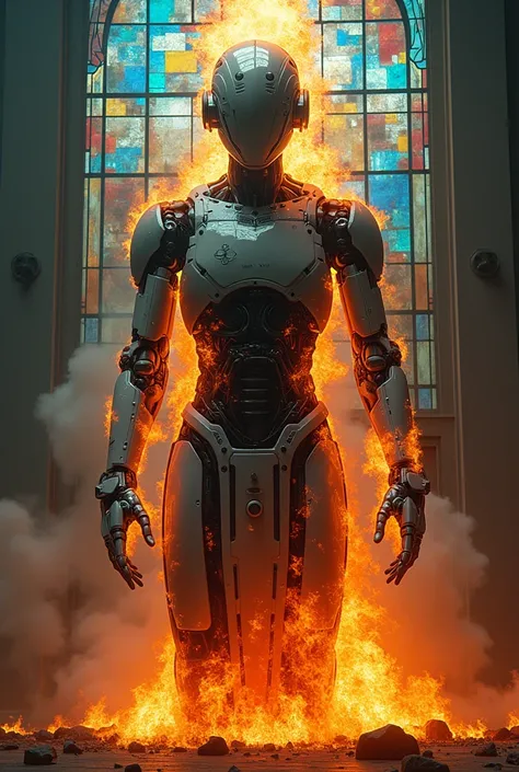 Do UFPB University of Paraíba Joao on Fire，Stained glass background transparent body,Robotic head and arms