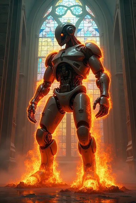 Do UFPB University of Paraíba Joao on Fire，Stained glass background transparent body,Robotic head and arms