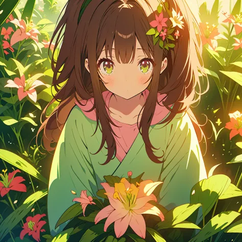 kawaii, anime, Cute, hyper quality, highly detailed, 8k, Clarity, Draw facial expressions in detail, Girl with long dark brown hair and green eyes, small pink lily flower, highlight on eyes, whole body, Dignity, longing for the future, no background, 