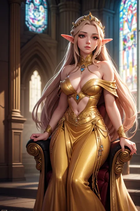 a highly detailed digital art, a lavish royal elven court, a beautiful woman with long flowing hair,intricate elven architecture, ornate golden throne, glowing crystals, lush greenery, sunlight streaming through stained glass windows,elegant feminine figur...