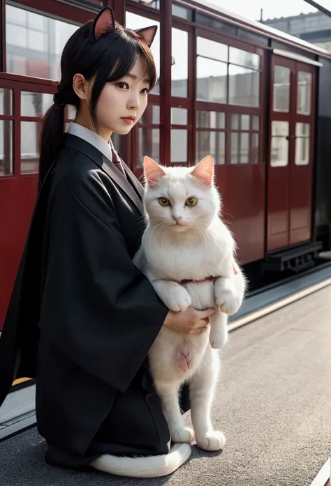 cat，橘cat，standing，doll，carrying a small school bag，japanese style，tram，hokkaido，autumn station，wooden house，platform， cloak,ruan...