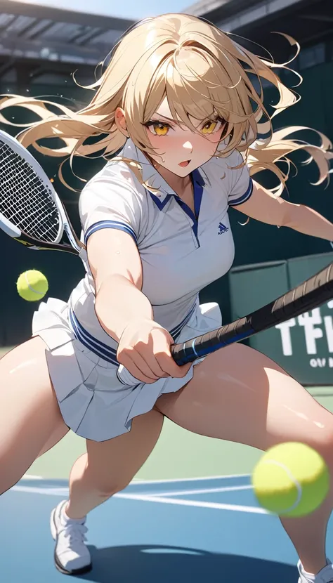 masterpiece,Highest quality,8k,Blonde,Tennis Wear,Tennis court,Bold Pose,Intense movement,Shiny hair,Glossy skin,Japanese idol model,

