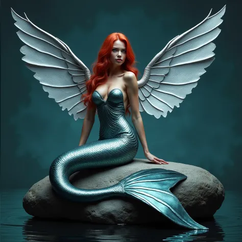 photo, stunner beauty, big boobs, silver winged mermaid, red foxy hair, unified mermaid tail, sitting on a rock