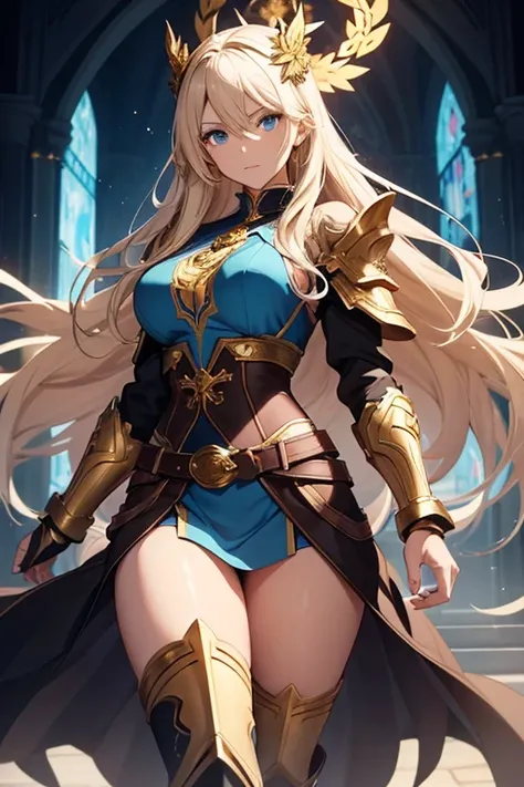 A full-body portrait of a young woman in anime style, with long, light blonde hair, framed by a white mantle adorned with golden details. She has intense blue eyes and wears a form-fitting blue armor with intricate engravings of leaves and flowers, and gol...