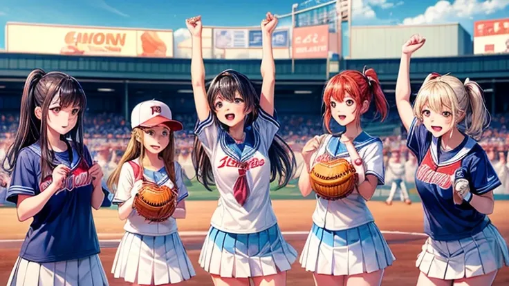 During a high school baseball game、Please draw an illustration of high school girls cheering in the stands.。They are wearing school uniforms、They are holding cheering goods and the school flag in their hands.。In the background is a baseball stadium where a...