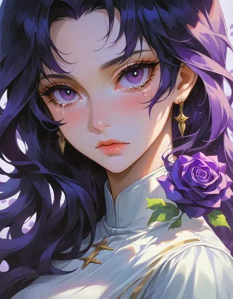 print to mix color. perfect simetria. purple rose in the middle positioned next to the face of a beautiful lady scene adlt 18 with intense eyes who crying a tear and golden lips.. Blush, reflection, trod. illustration, cinematic lighting. view from the cei...