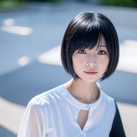 arafed asian woman with a short black hair and a white shirt, Yoshitomo Nara, shikamimi, sui ishida with black hair, Chiho, ayaka, Chiho ashima, with short hair, white hime cut hairstyle, shinsui ito, anime portrait of shiina ringo, the hime cut