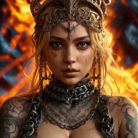 (masterpiece, highest quality, fractal art, beautiful and aesthetic), chaotic medieval world, Swirling flames, magma, fire and flame, perfect dynamic composition, (Detailed tattoos on the whole body, Wear elaborate jewelry from head to toe), Highly detaile...