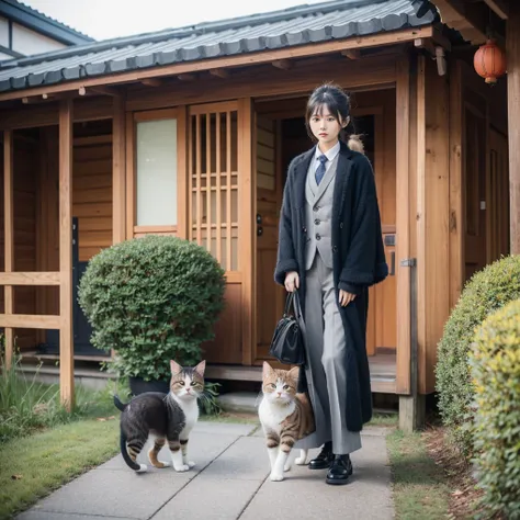 35mm lens，Cat，Standing，doll，Carrying a small school bag，Japanese style，tram，Hokkaido，Autumn Station，Wooden house，Platform， cloak,Ruan Jia,Suit,tie，花Cat，Stupid Dog,肌肉发达的雄Cat, (Delicate face), (Fine fluffy fur)