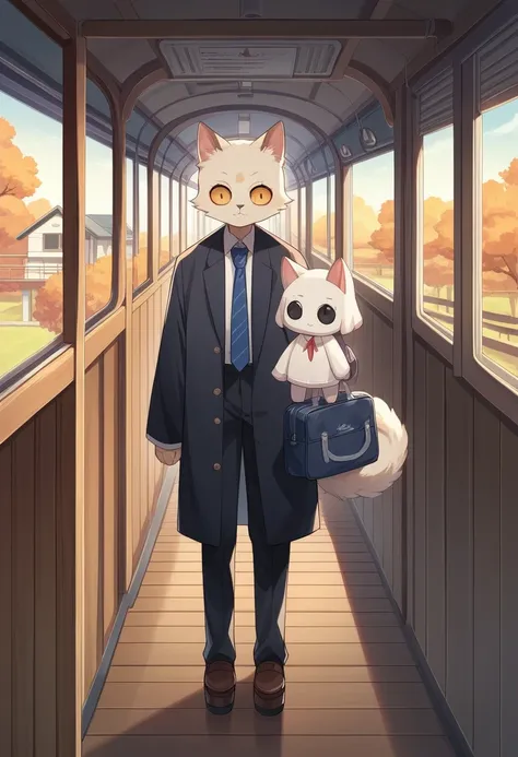 Cat，橘Cat，Standing，doll，Carrying a small school bag，Japanese style，tram，Hokkaido，Autumn Station，Wooden house，Platform， cloak,Ruan Jia,Suit,tie，花Cat，Stupid Dog,肌肉发达的雄Cat, (Delicate face), (Fine fluffy fur)