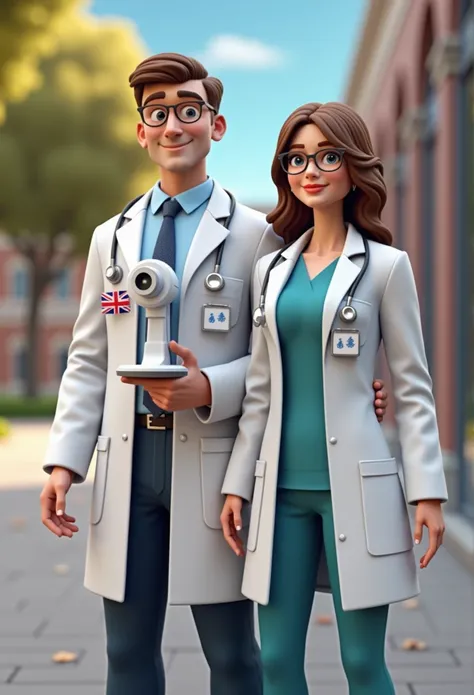 Cartoon Character Couple Of adult Doctors Wearing Lab Coat with tethoscope In A College and holding Britain flag , an animated character, stylized character, animation style rendering, 3d stylized, , 3 d render stylized, toon render keyshot, 3d character, ...