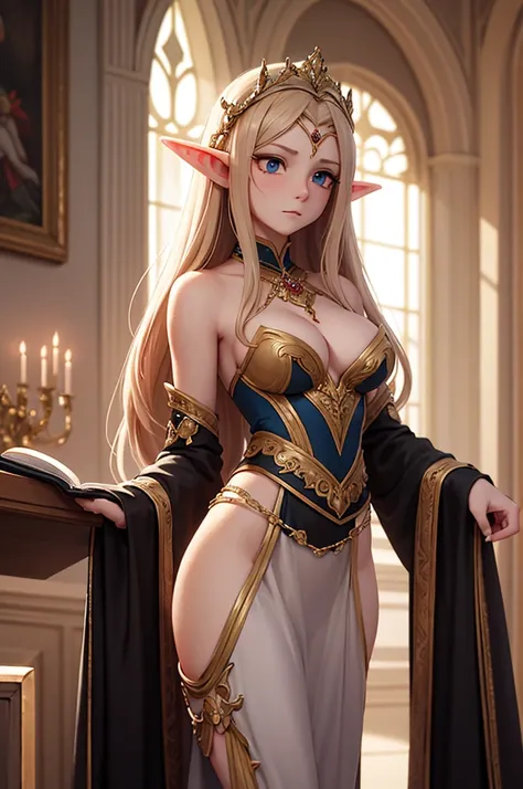 [Core Concept] A formal gathering of high-ranking elven noblewomen meticulously examining and evaluating the physical attributes of a male subject.

[Character Description] A distinguished, well-groomed elven nobleman stands before the court, his posture e...