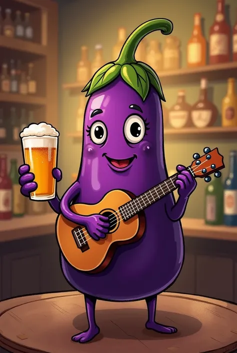 a drawing of an eggplant as a character with a face, arms, legs. must be in sunga with a ukulele in hand. In a bar and you should see glasses of beer