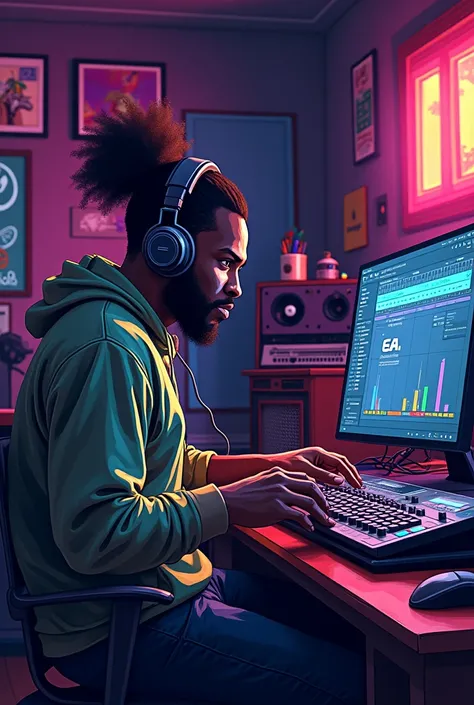 2-bit fat black guy with headphones on making hiphop beats on a computer 
