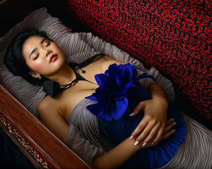 in a striking 8k hdr scene, a stunning korean woman, 22 years old, lies peacefully in a coffin and coffin cover surrounded by pl...