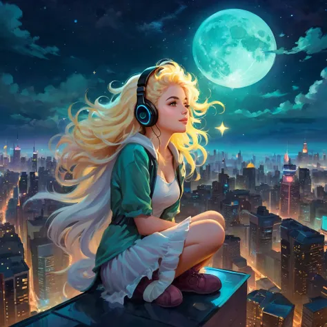 a beautiful 20 year old blonde woman with big messy hair laying down on a cloud in the sky floating over a cityscape at night, w...