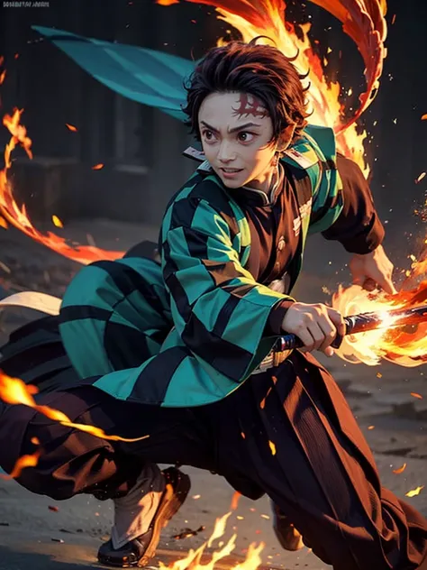 Boy (Tanjiro) using sword, fire coming from sword, happy look, 