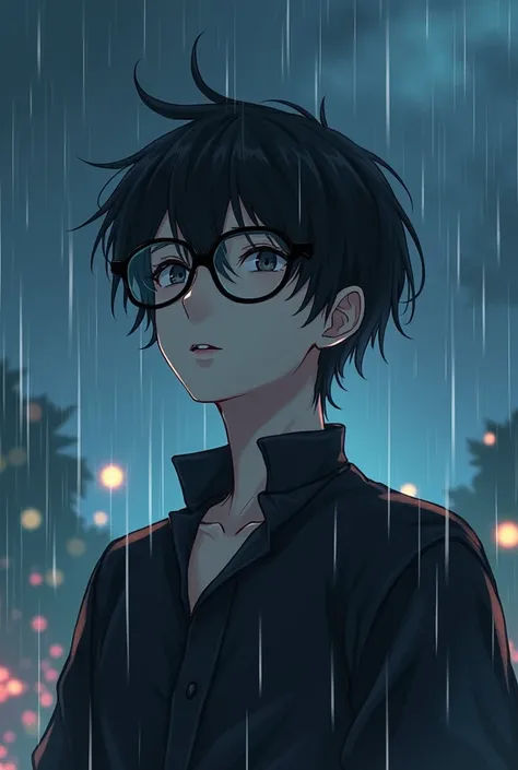 Anime boy with black hair and dark eyes around 1m64 wearing glasses circle ones with black and white dress under the rain with black dark aura looking at the sky with sad face make it in 4k as phone wallpaper 