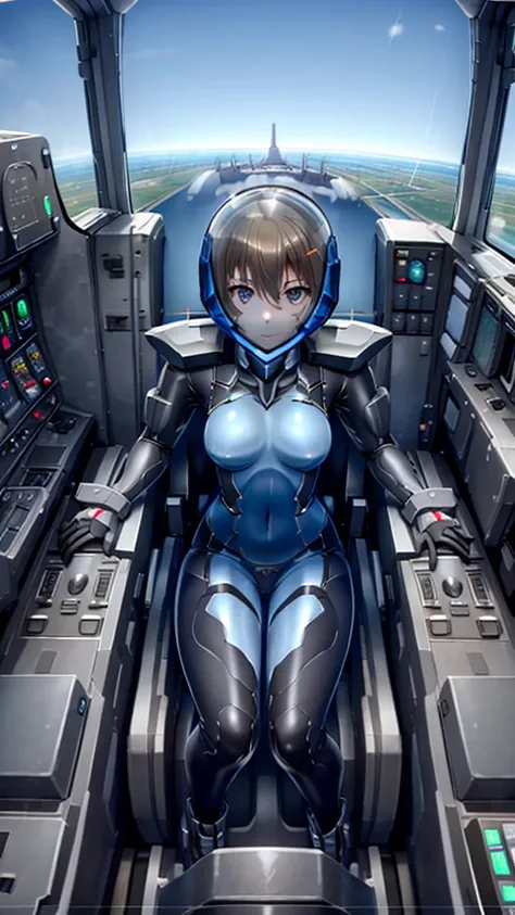 ((female pilot in the cockpit of a reconnaissance plane), (airplane cockpit), (in flight), (10000 feet altitude)、(sky view):1.7)...