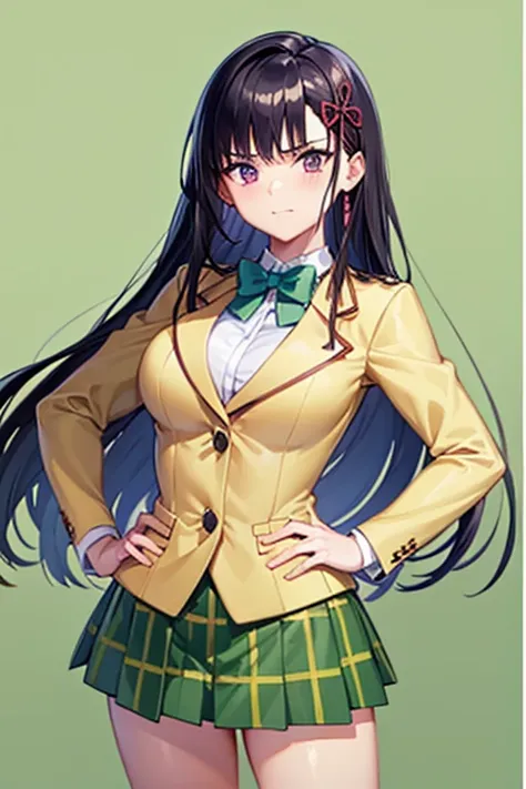 masterpiece, highest quality, yellow blazer, long sleeve, green bow tie, green plaid mini skirt, large breasts, , put your hands...