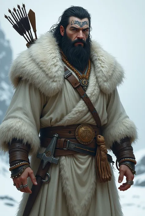 A character from Dungeons and Dragons who is a human ranger, is around 34 years old, Athletic, dark haired, dense beard and very white skin, between 1,80 and 1,91 meters high, has many tribal tattoos on his face and forehead, dresses in a large polar bear ...