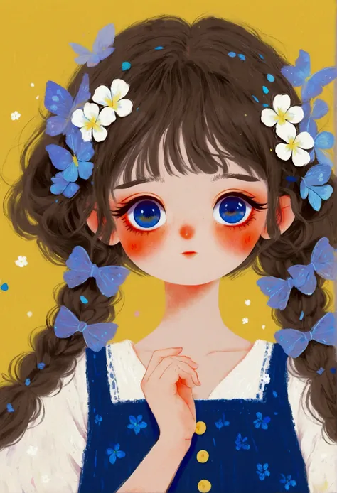 wallpaper，procreate，cute little girl in blue dress，big blue eyes。bangs，fine and fluffy hair，lovely art style,  lovely and detail...