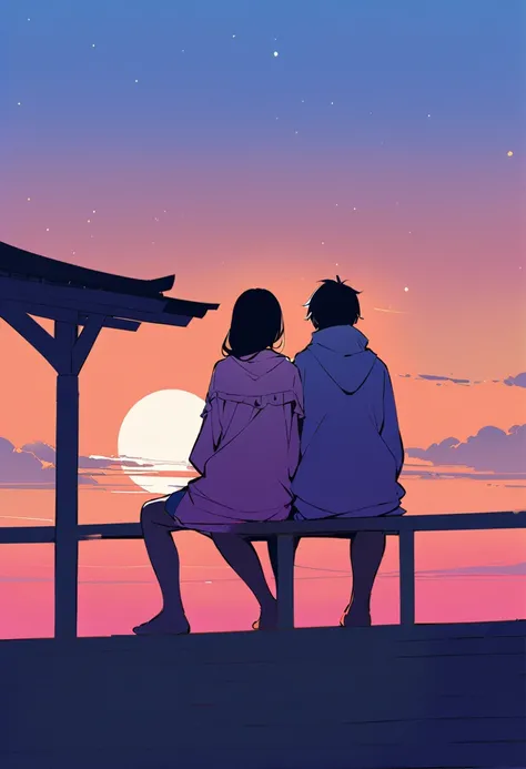 a couple  lean on each other and sit on the roof to admire the moon, back view, flat colors, romantic atmosphere, serene, dreamlike, calming, (best quality,masterpiece,offical art:1.2), peaceful, harmonious, intimate, tende