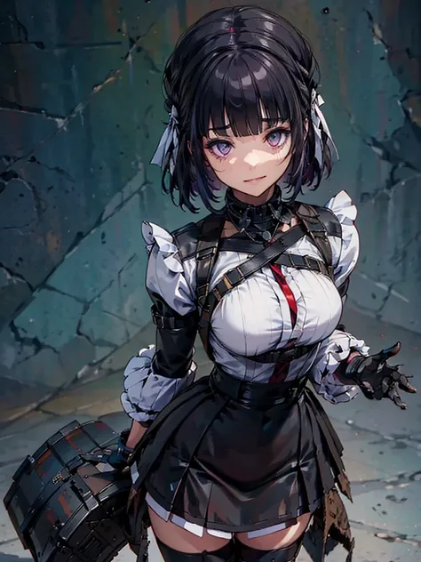 Holding a steampunk long barrel pistol, ((masterpiece_Portraiture)),(beautiful girl),(Pixiv),(Fantasy), In the spotlight, The background is a dark and desolate landscape, Horror movie atmosphere. Her figure is very beautiful, Emphasizing the dark and crazy...