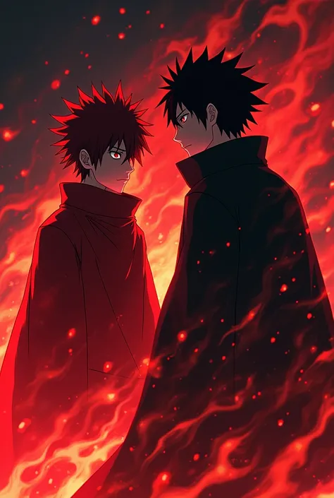 Madara uchiha reyoman sukuna and eren yeager in one frame with red and black flame
