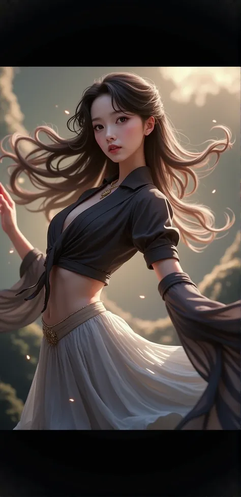 nsfw, (RAW photo, best quality), (realistic, photo realistic: 1.3), best quality, highly detailed, dancing, flying, panorama, vista, smile, shy, floating, levitating, dynamic pose, masterpiece, super detailed, illustration, 1 girl, upper_body, dynamic angl...