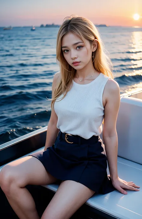 the sky turns red、sleeveless、woman standing on the boat、light blonde hair、elegant hairstyles、blue eyed woman、woman with cute eye...