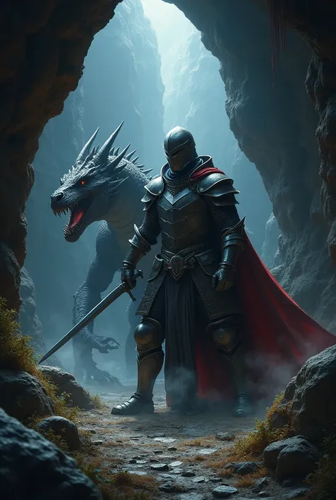 Knight Ivan,Fighting the dragon, In a dark cave, masterpiece:1.2, ultra detailed, realistic:1.37, Sharp Focus, bright colors, hips, Dramatic chiaroscuro, Horror, Kingdom&#39;s Delight