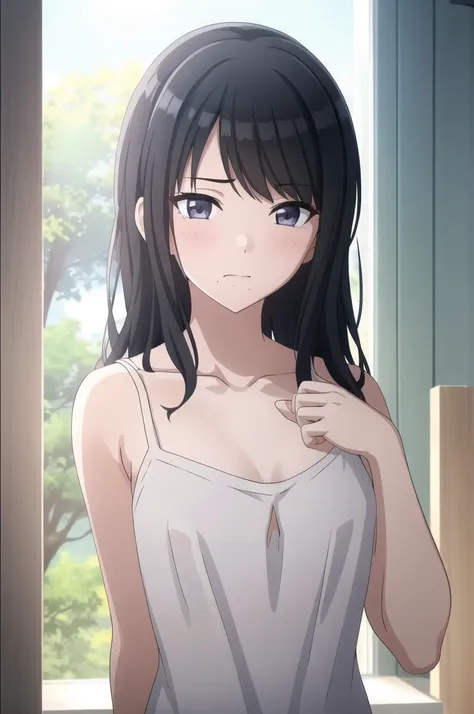 masterpiece, high quality, 8k, Beautiful lighting,sunny day, 1 girl, alone, Hiori said, ,,((Detailed white camisole)), Erect nipples,（（Detailed eyes:1.5））,（（close:1.5））,,, ((Upper Body)),((Slender body)),,Detailed face,((Flat Chest)),,Squint your eyes,blus...