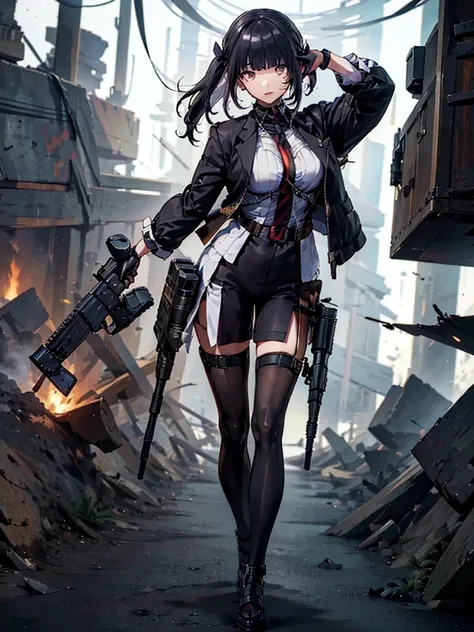 holding_gun, assault_rifle, 非常にdetailedな, Anime Style, whole body, alone, Stylish Gunfighter Girl, Holding a steampunk long barrel pistol,Standing in the wasteland, 8K high resolution, White Background,  In the spotlight, The background is a dark and desol...