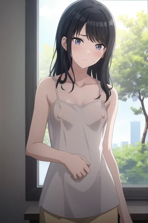 masterpiece, high quality, 8k, Beautiful lighting,sunny day, 1 girl, alone, Hiori said, ,,((Detailed white camisole)), Erect nipples,（（Detailed eyes:1.5））,（（close:1.5））,,, ((Upper Body)),((Slender body)),,Detailed face,((Flat Chest)),,Squint your eyes,blus...